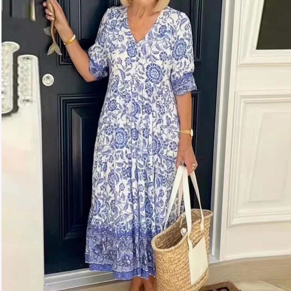 Floral Chinoiserie Print Blue and White Maxi Dress -Plus Size 2X or XXL